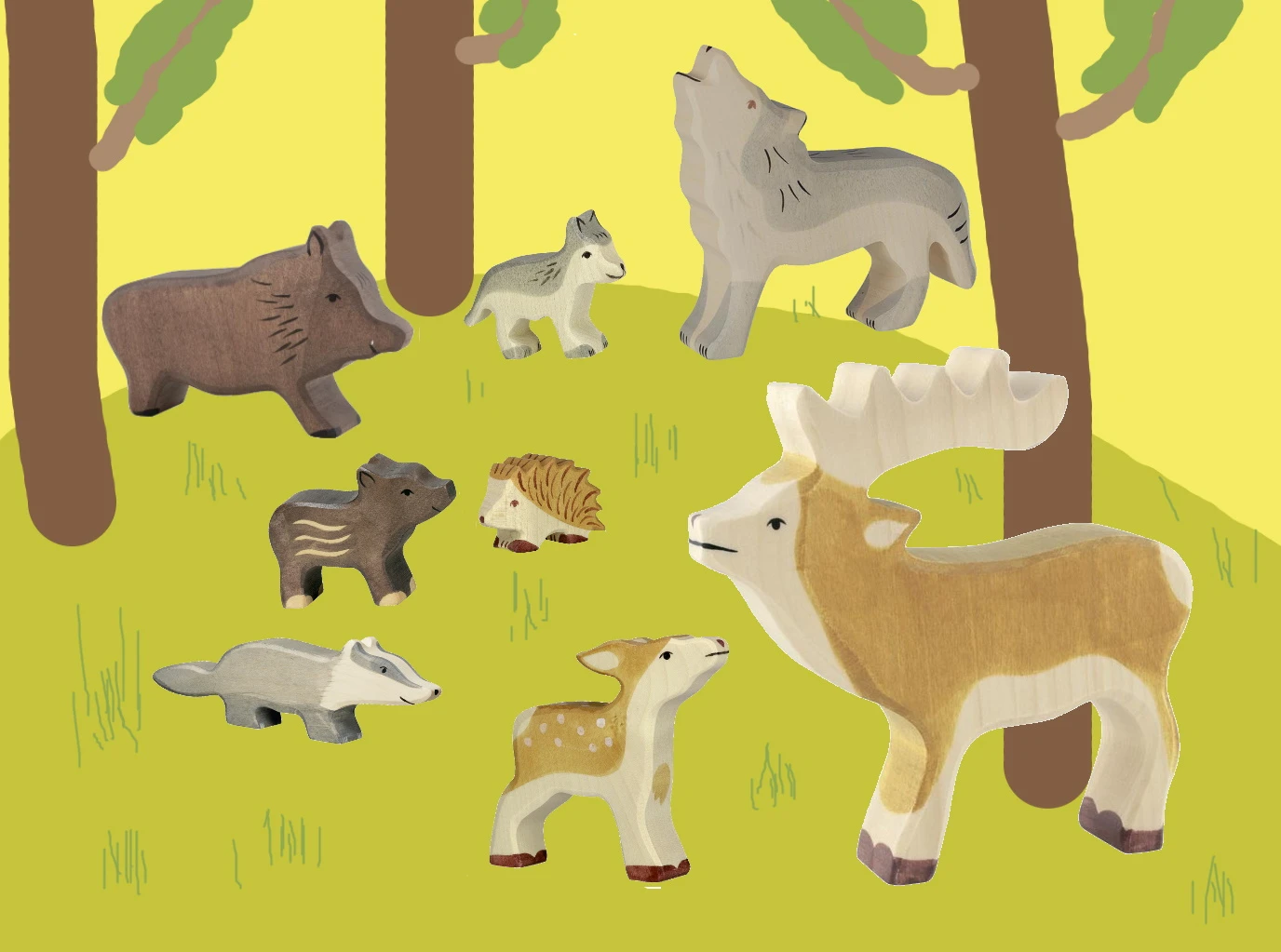 Holztiger - Wald-Tiere-Set | 9-teilig Holzfiguren | Hirsch, Wildschwein, Igel, Wolf, Eiche 6 Holztiger - Wald-Tiere-Set | 9-teilig Holzfiguren | Hirsch, Wildschwein, Igel, Wolf, Eiche – Bild 4