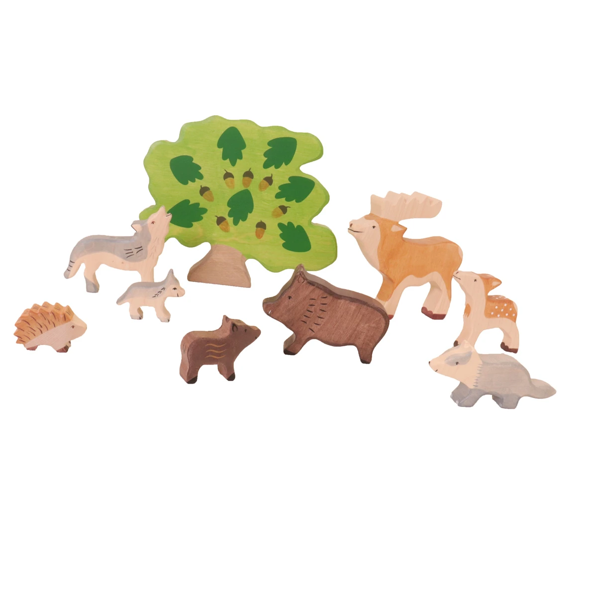 Holztiger - Wald-Tiere-Set | 9-teilig Holzfiguren | Hirsch, Wildschwein, Igel, Wolf, Eiche 4 Holztiger - Wald-Tiere-Set | 9-teilig Holzfiguren | Hirsch, Wildschwein, Igel, Wolf, Eiche – Bild 2