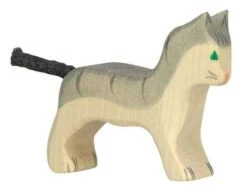 Holztiger Spielzeug-Katze Klein | Weiß-grau Kinder-Bauernhof-Tiere Aus Holz